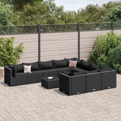 11-tlg. Garten-Sofagarnitur mit Kissen Schwarz Poly Rattan