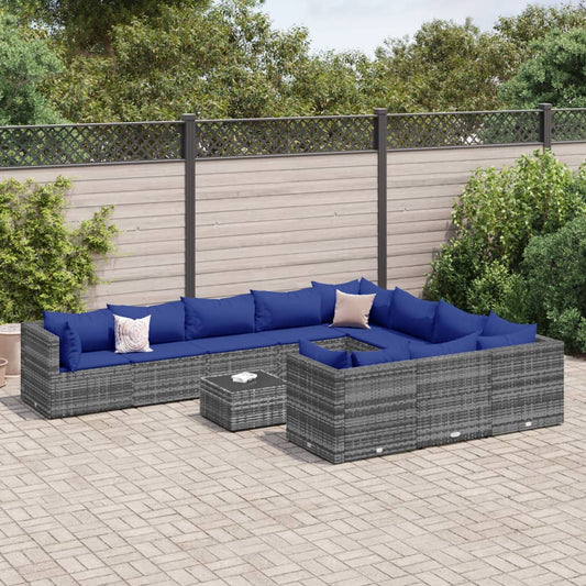 11-tlg. Garten-Sofagarnitur mit Kissen Grau Poly Rattan