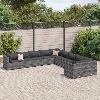 10-tlg. Garten-Sofagarnitur mit Kissen Grau Poly Rattan