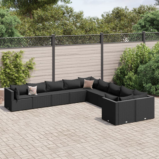 10-tlg. Garten-Sofagarnitur mit Kissen Schwarz Poly Rattan