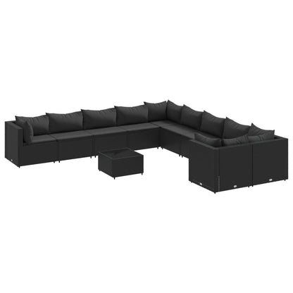 11-tlg. Garten-Sofagarnitur mit Kissen Schwarz Poly Rattan