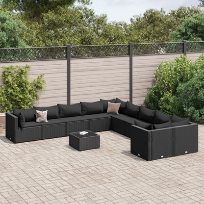 11-tlg. Garten-Sofagarnitur mit Kissen Schwarz Poly Rattan