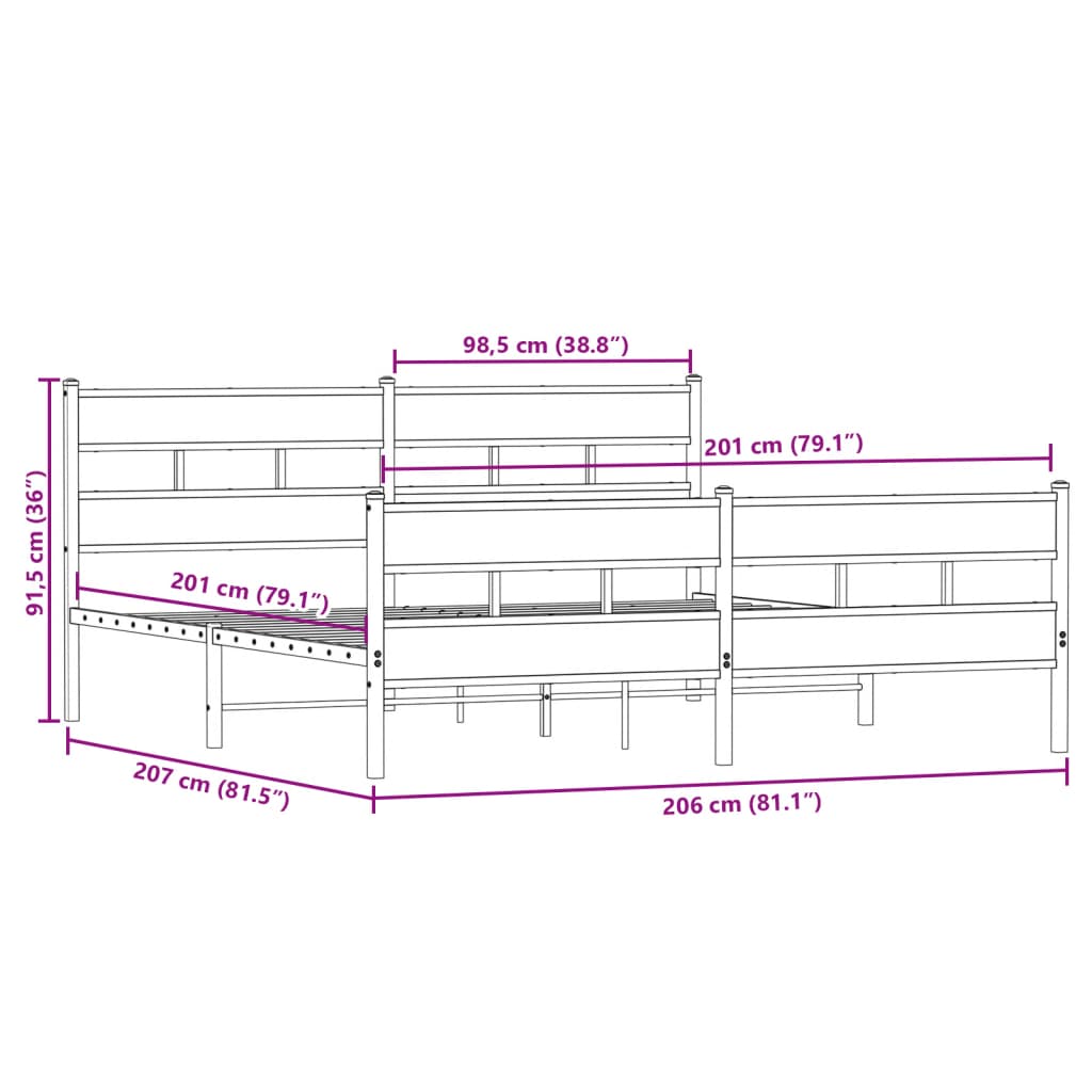 Metallbett ohne Matratze Sonoma-Eiche 200x200 cm