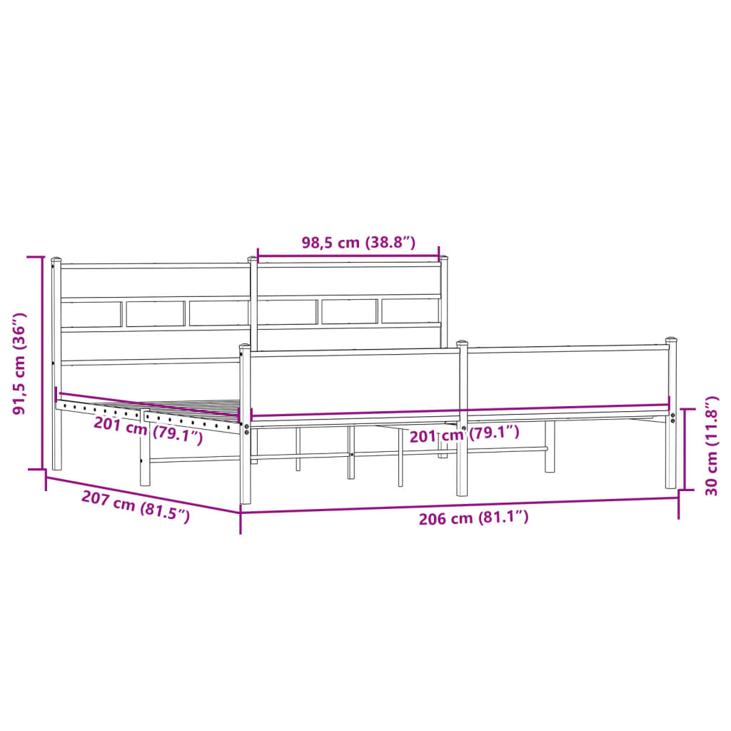 Metallbett ohne Matratze Sonoma-Eiche 200x200 cm