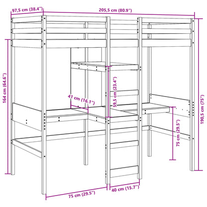 Hochbett mit Schreibtisch & Ablagen 90x200 cm Massivholz Kiefer