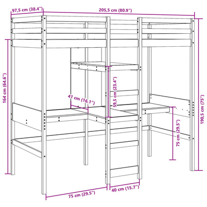 Hochbett mit Schreibtisch & Ablagen Weiß 90x200 cm Kiefernholz