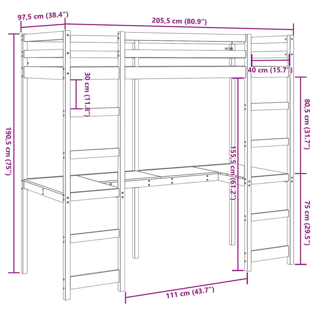 Hochbett ohne Matratze 90x200 cm Massivholz Kiefer