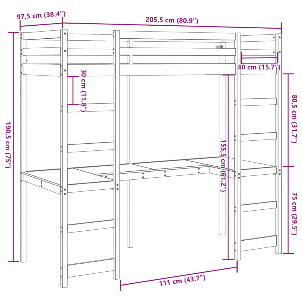 Hochbett ohne Matratze Wachsbraun 90x200 cm Massivholz Kiefer