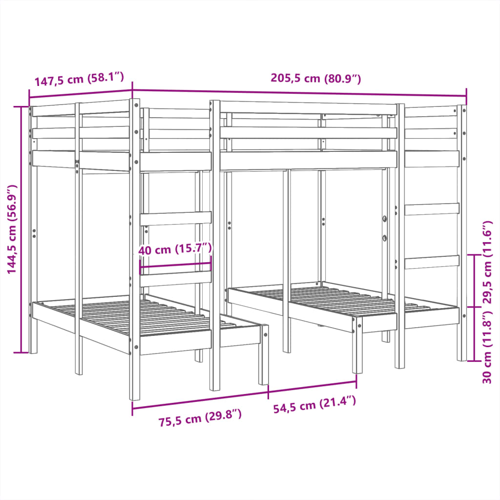 Dreifach-Etagenbett 140x200/70x140 cm Massivholz Kiefer