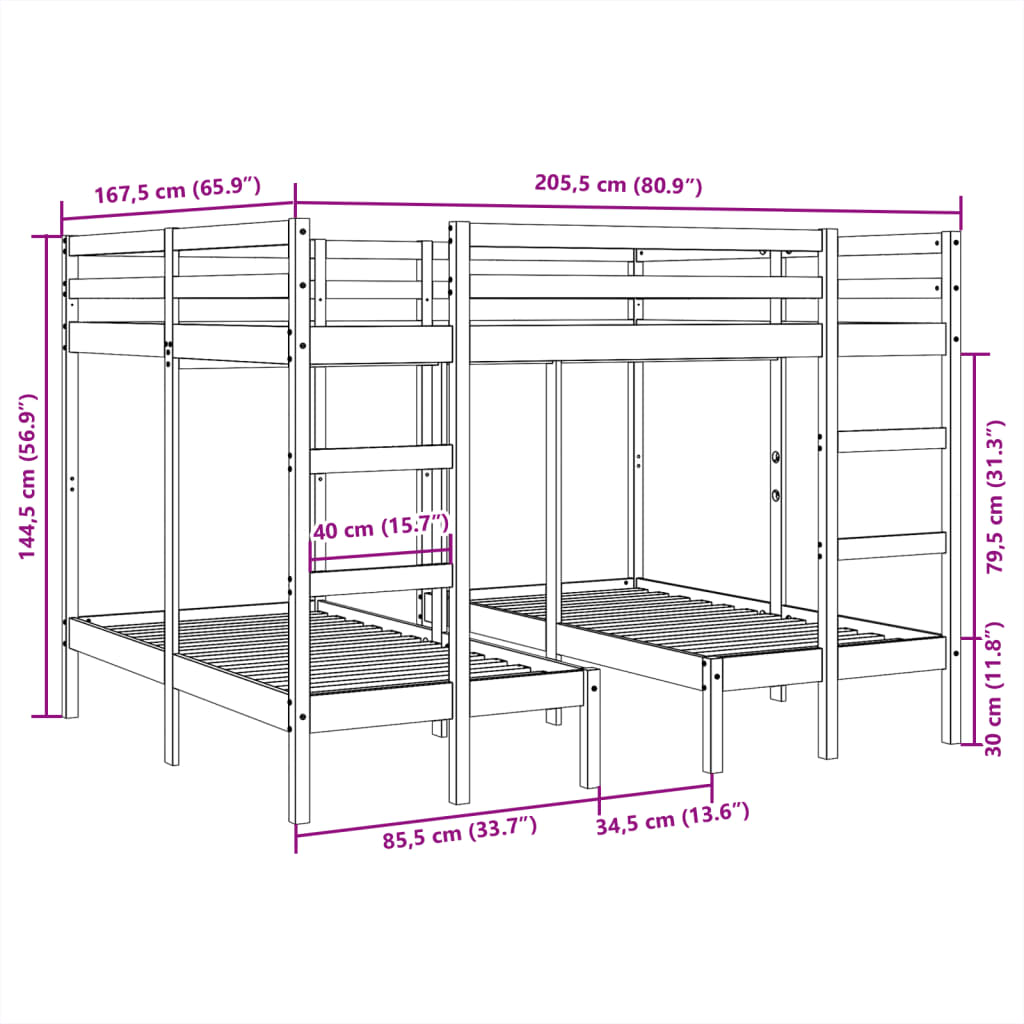 Dreifach-Etagenbett 140x200/70x140 cm Massivholz Kiefer