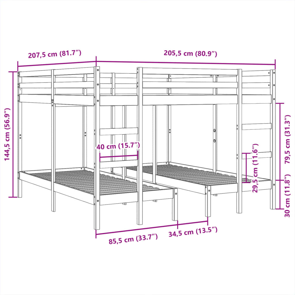 Dreifach-Etagenbett 140x200/70x140 cm Massivholz Kiefer