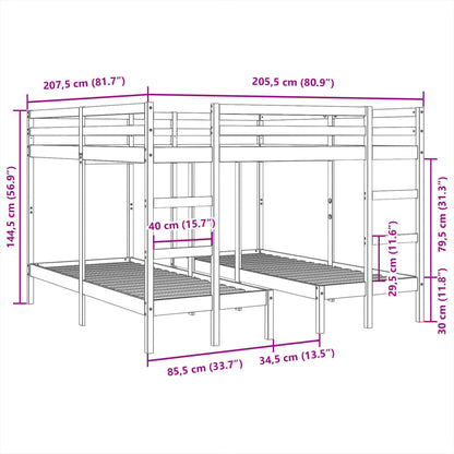 Dreifach-Etagenbett 140x200/70x140 cm Massivholz Kiefer