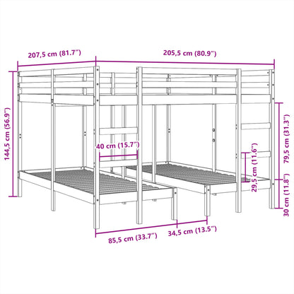 Dreifach-Etagenbett Braun 140x200/70x140 cm Massivholz Kiefer