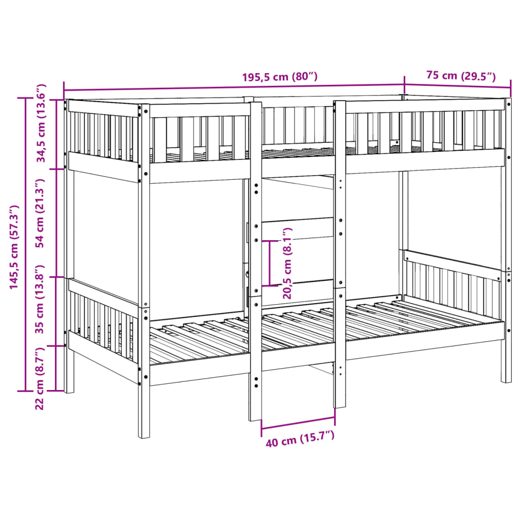 Etagenbett Wachsbraun 75x190 cm Massivholz Kiefer