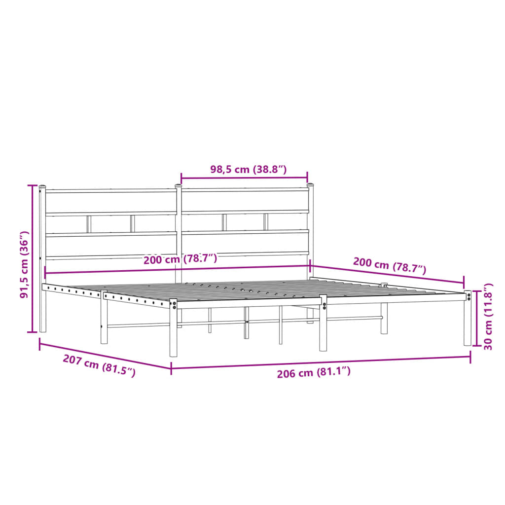 Metallbett ohne Matratze Sonoma-Eiche 200x200 cm