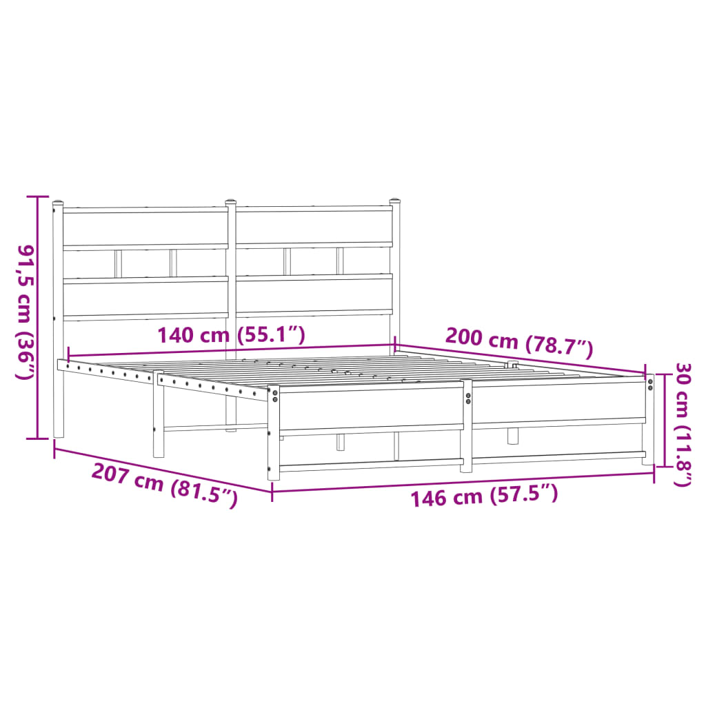 Metallbett ohne Matratze Eichen-Optik 140x200 cm