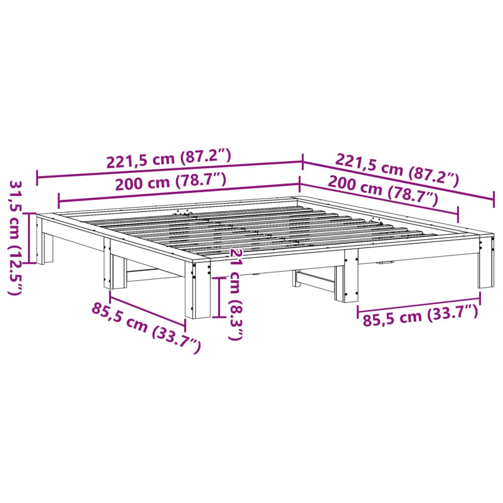 Massivholzbett ohne Matratze Weiß 200x200 cm Kiefernholz