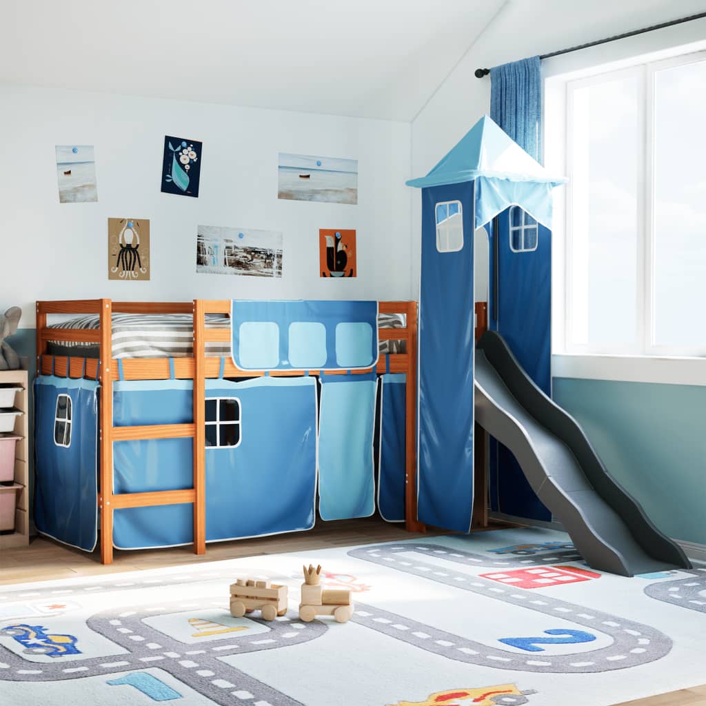 Kinderhochbett mit Turm Blau 80x200 cm Massivholz Kiefer