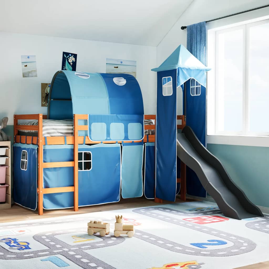 Kinderhochbett mit Turm Blau 80x200 cm Massivholz Kiefer