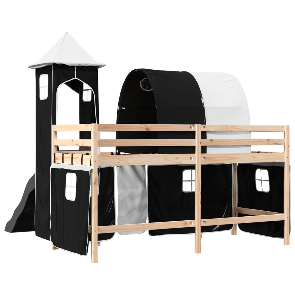 Kinderhochbett mit Turm Weiß & Schwarz 90x200 cm Kiefernholz