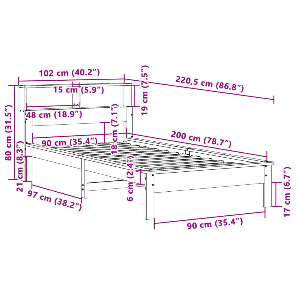 Massivholzbett mit Regal ohne Matratze Wachsbraun 90x200 cm