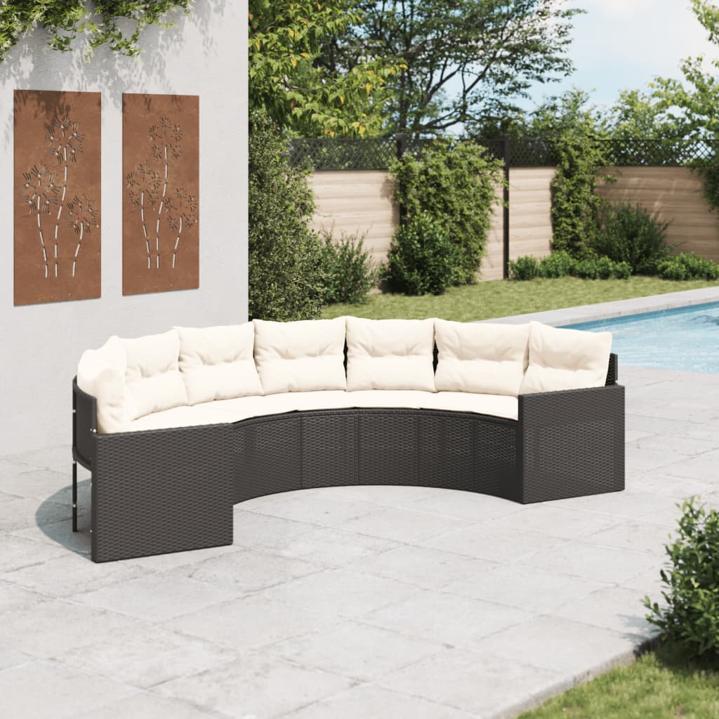 Gartensofa mit Kissen Halbrund Schwarz Poly-Rattan