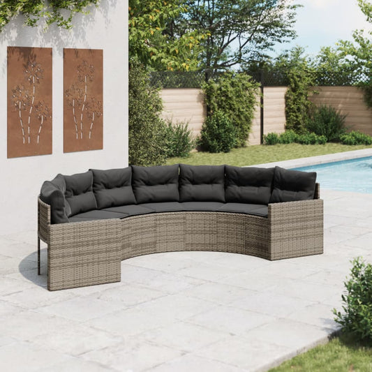 Gartensofa mit Kissen Halbrund Grau Poly Rattan