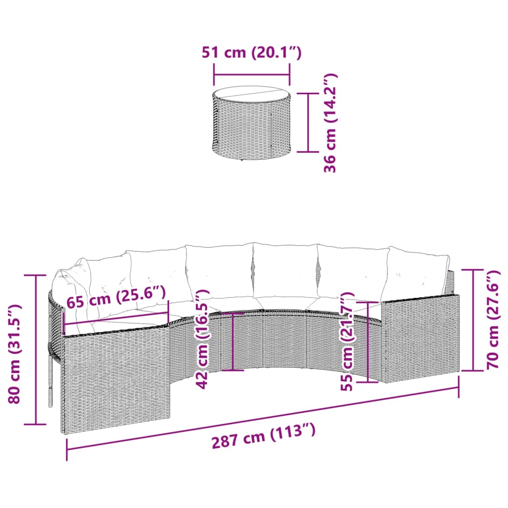 Gartensofa mit Tisch und Kissen Halbrund Schwarz Poly-Rattan