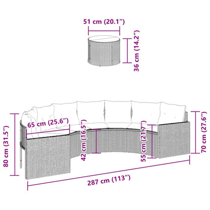 Gartensofa mit Tisch und Kissen Halbrund Schwarz Poly-Rattan