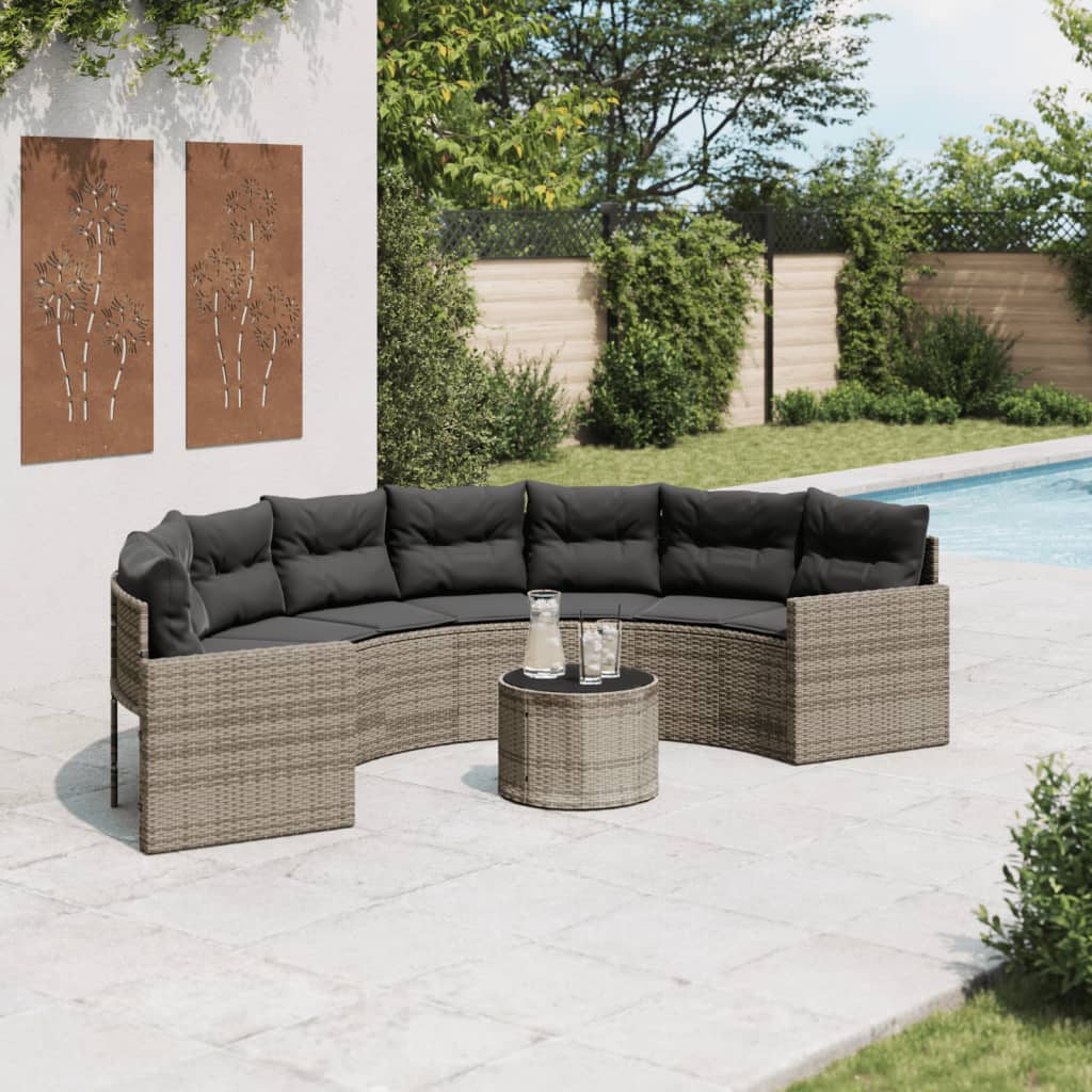 Gartensofa mit Tisch und Kissen Halbrund Grau Poly Rattan