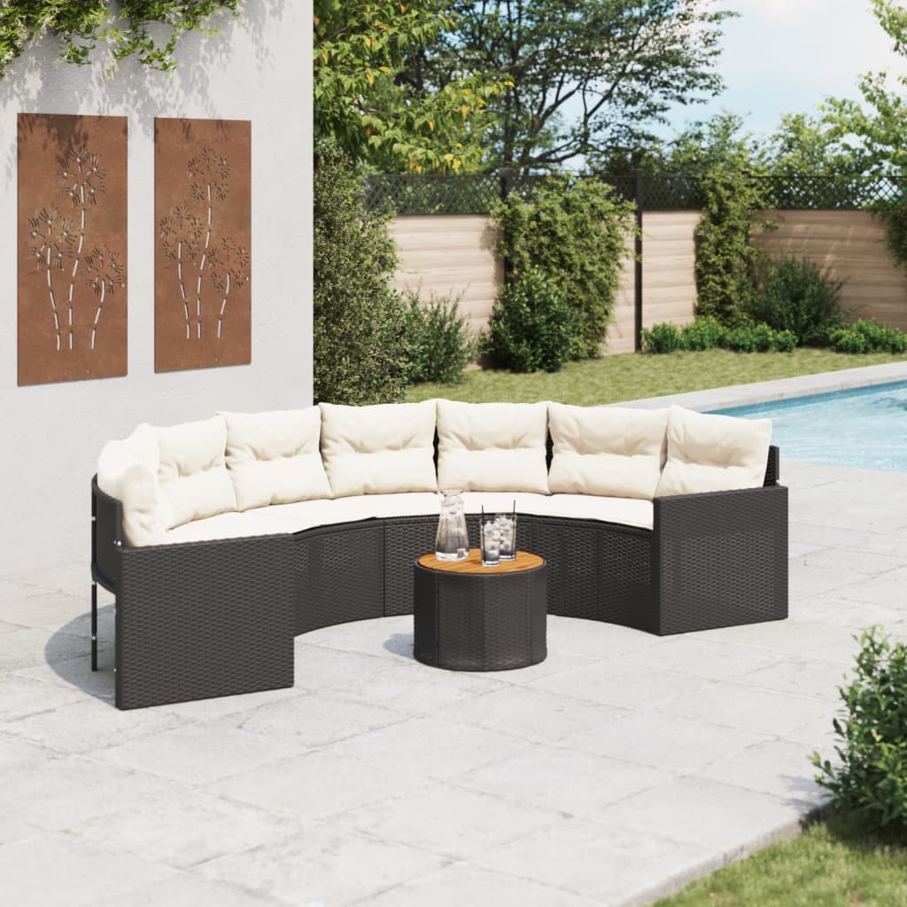 Gartensofa mit Tisch und Kissen Halbrund Schwarz Poly-Rattan