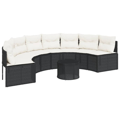 Gartensofa mit Tisch und Kissen Halbrund Schwarz Poly-Rattan