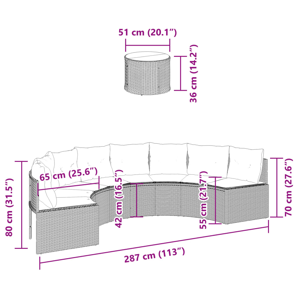 Gartensofa mit Tisch und Kissen Halbrund Schwarz Poly-Rattan