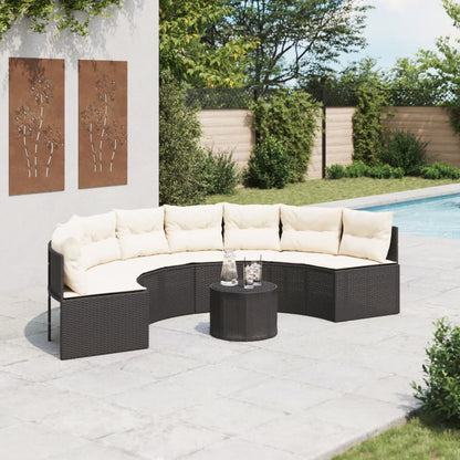 Gartensofa mit Tisch und Kissen Halbrund Schwarz Poly-Rattan