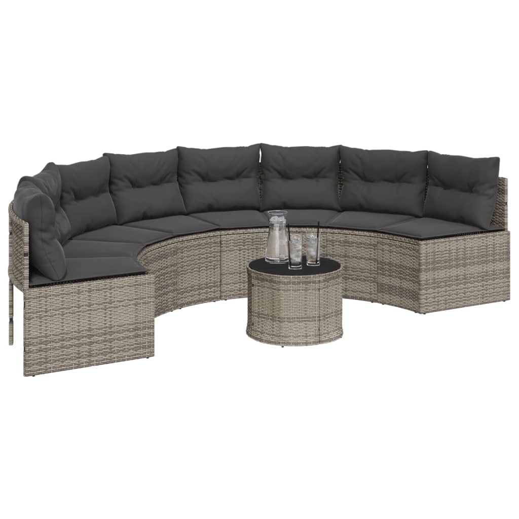 Gartensofa mit Tisch und Kissen Halbrund Grau Poly Rattan