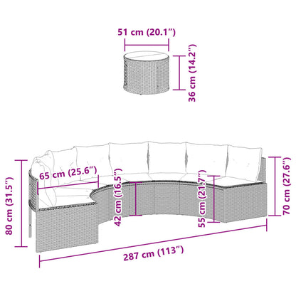 Gartensofa mit Tisch und Kissen Halbrund Grau Poly Rattan