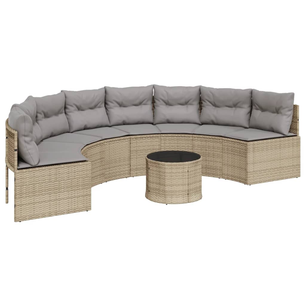 Gartensofa mit Tisch und Kissen Halbrund Beige Poly-Rattan