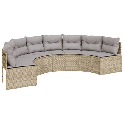 Gartensofa mit Tisch und Kissen Halbrund Beige Poly-Rattan