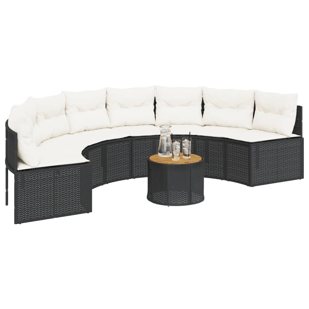 Gartensofa mit Tisch und Kissen Halbrund Schwarz Poly-Rattan