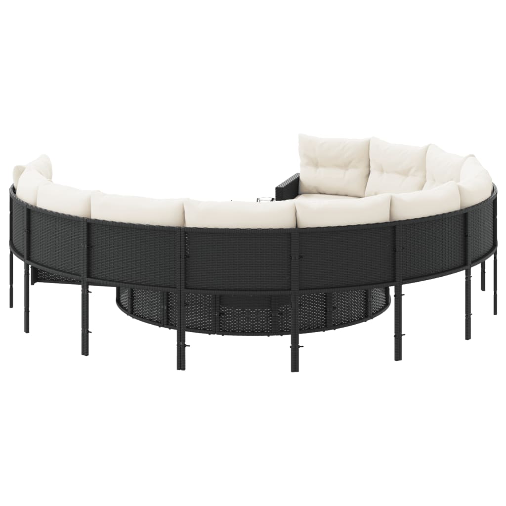 Gartensofa mit Kissen Rund Schwarz Poly-Rattan