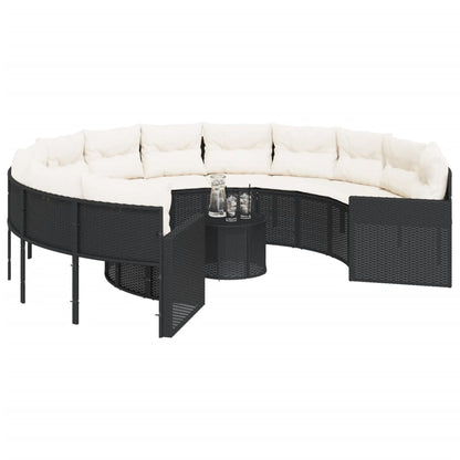 Gartensofa mit Tisch und Kissen Rund Schwarz Poly-Rattan