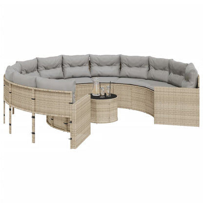 Gartensofa mit Tisch und Kissen Rund Beige Poly-Rattan