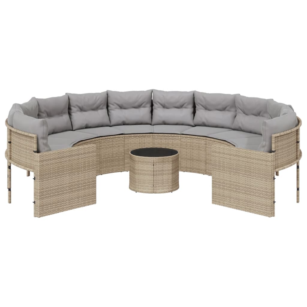 Gartensofa mit Tisch und Kissen Rund Beige Poly-Rattan