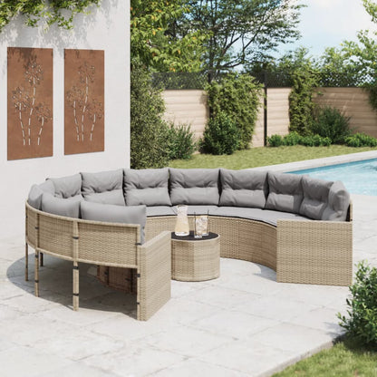 Gartensofa mit Tisch und Kissen Rund Beige Poly-Rattan