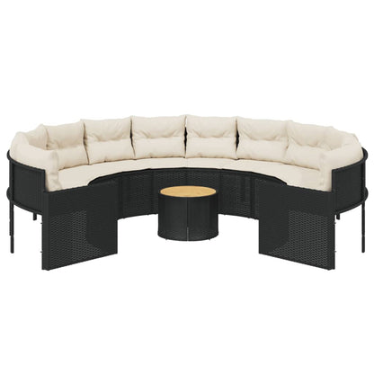 Gartensofa mit Tisch und Kissen Rund Schwarz Poly-Rattan