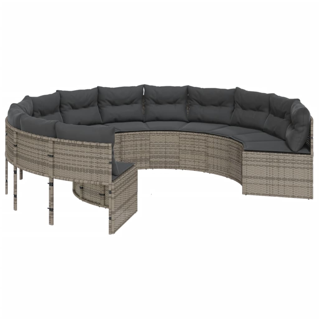 Gartensofa mit Kissen Rund Grau Poly Rattan