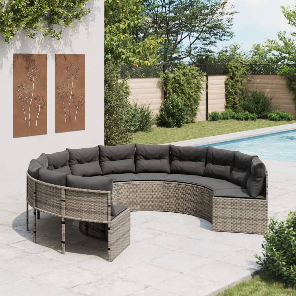 Gartensofa mit Kissen Rund Grau Poly Rattan