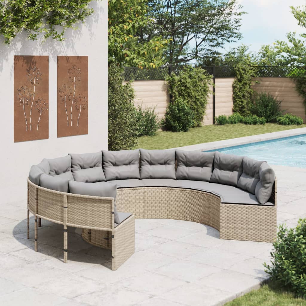 Gartensofa mit Kissen Rund Beige Poly-Rattan