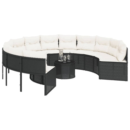 Gartensofa mit Tisch und Kissen Rund Schwarz Poly-Rattan