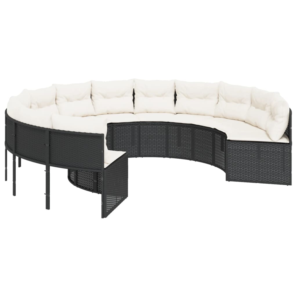 Gartensofa mit Tisch und Kissen Rund Schwarz Poly-Rattan